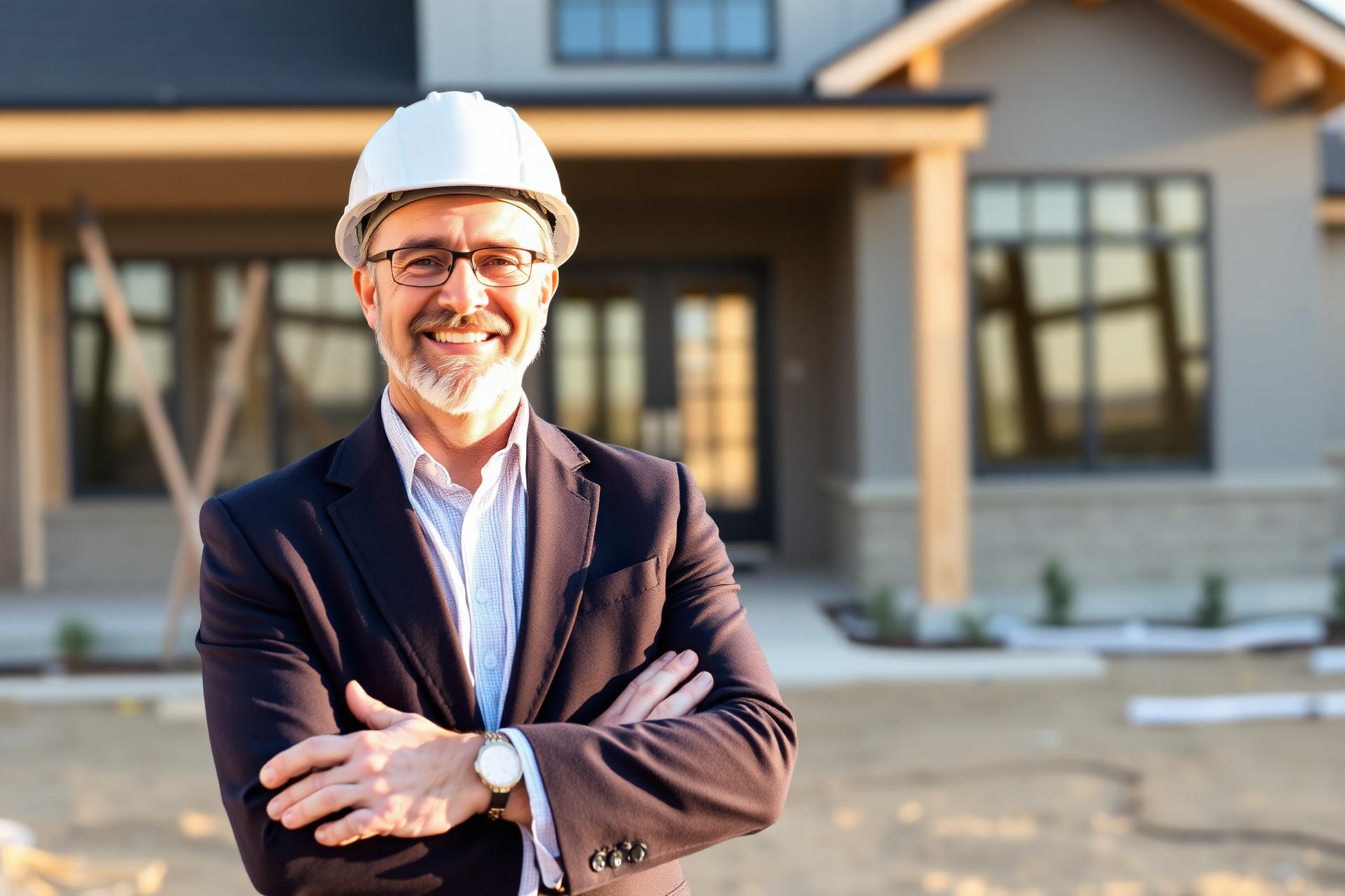 New construction realtor in front of a newly built Arlington Heights, IL home
