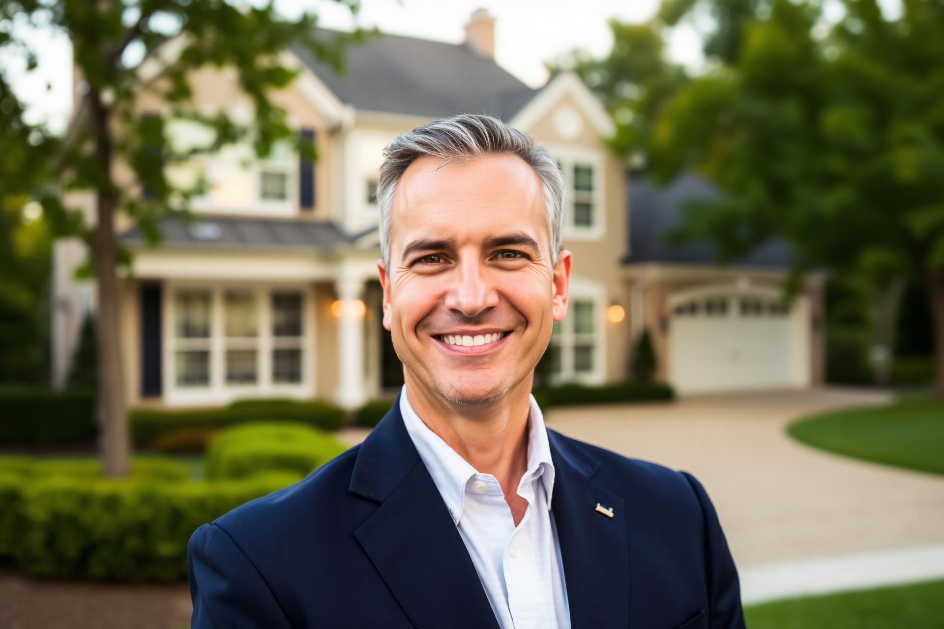 Realtor in Arlington Heights, IL standing in front of a suburban home