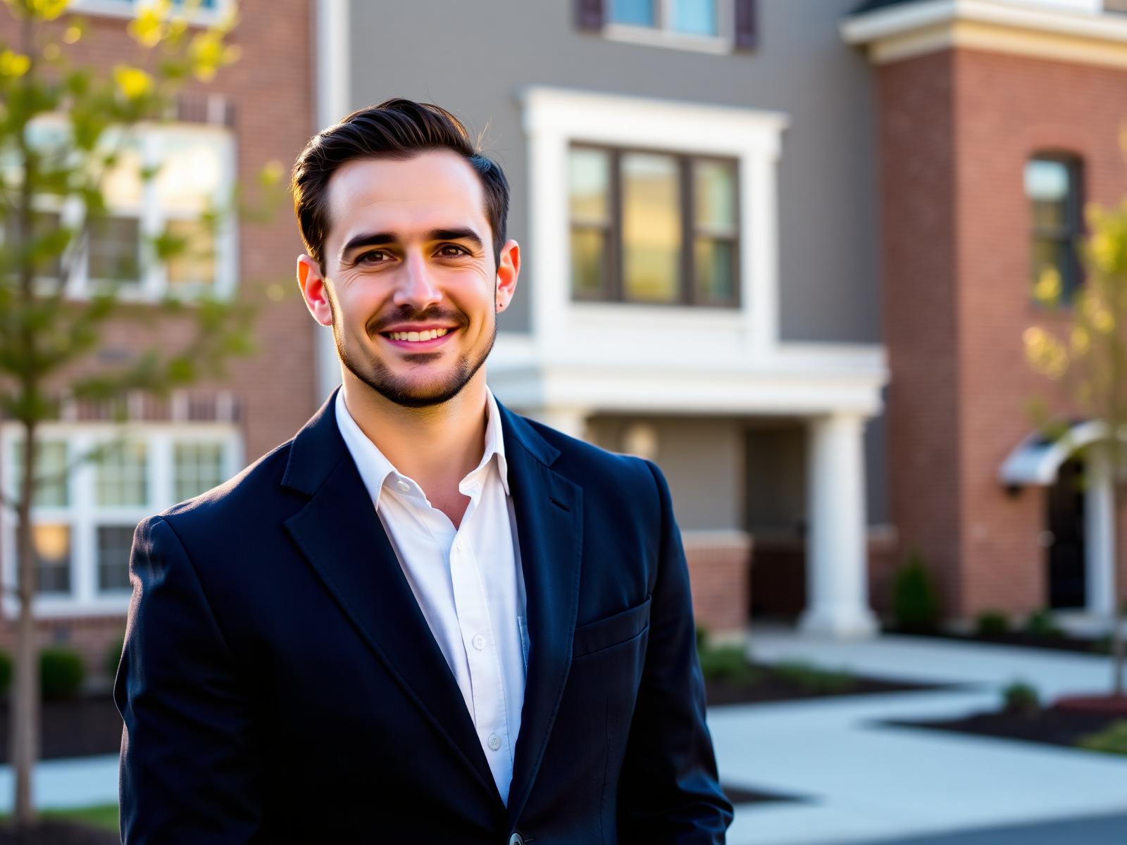 Townhome realtor standing in front of an Arlington Heights, IL townhome community